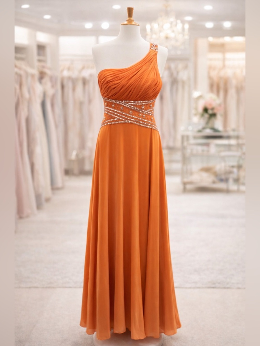 One-Shoulder Orange Evening Gown with Beaded Waist - Size 2